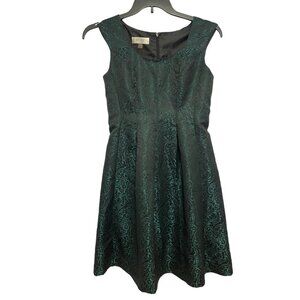 KASPAR A-Line Sleeveless Dress Size 4 Green Flocked Black Velvet Knee Length EUC
